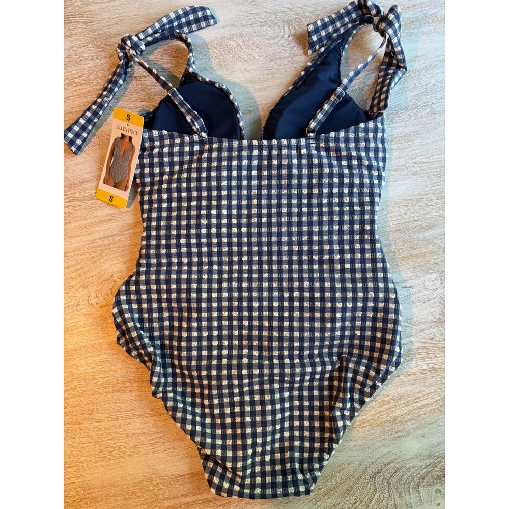 NWT Size Small Ellen Tracy One Piece Swimsuit Navy Gingham Ruched Halter - Picture 2 of 5